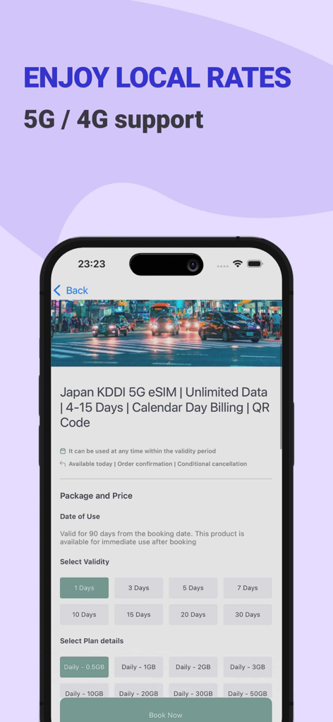eLink eSIM:Trip Data+Internet - Selection screen for a Japan KDDI 5G eSIM plan in the eLink app showing local rates and validity options