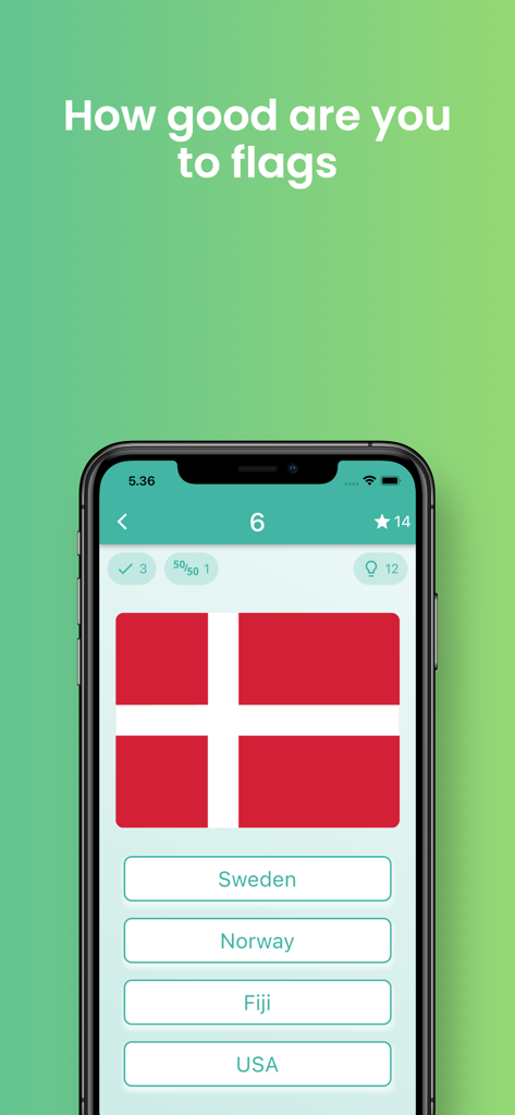Flags game - Quiz - Interface do aplicativo Flags game Quiz mostrando uma questão de identificação de bandeira com opções de múltipla escolha.