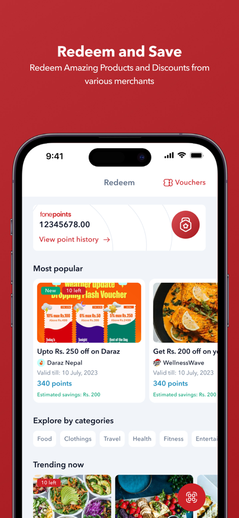 Fonepay App - Fonepay app interface showing fonepoints balance and popular shopping and dining rewards.