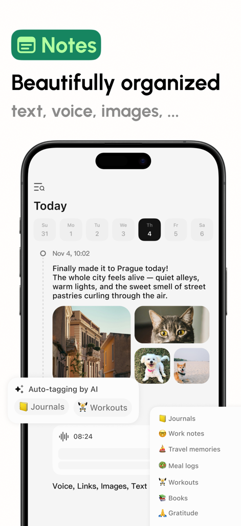 Sparky - Planner and Journal - Sparky app screen displaying organized journal entries with photos and AI tagging categories
