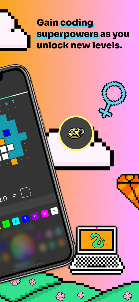 Mobile screen showing a pixel art editor in the imagi app with the text Gain coding superpowers as you unlock new levels