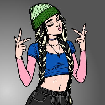 realistic teenage girl with braids and a beanie and crop top doing 🫶🏼