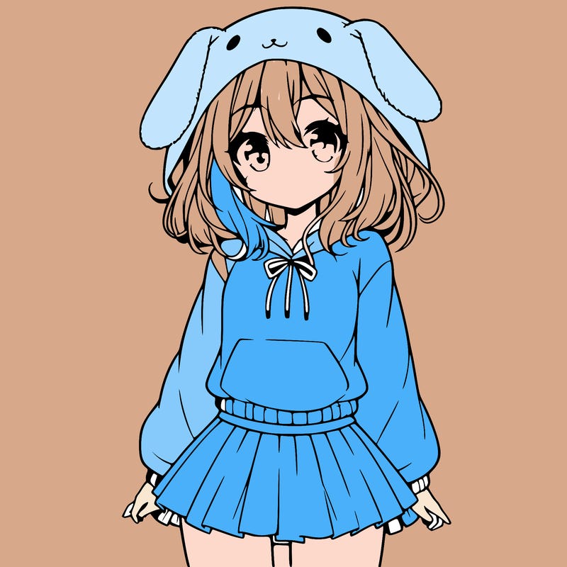 pretty anime girl wearing a fluffy hoodie with bunny ears on the hood and a skirt