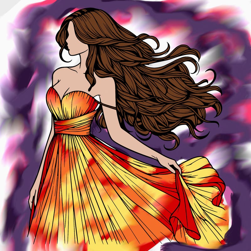 realistic woman with long hair and a beautiful dress flowing in the wind