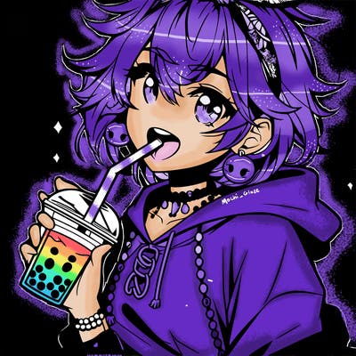hot baddie anime girl drinking boba and biting the straw