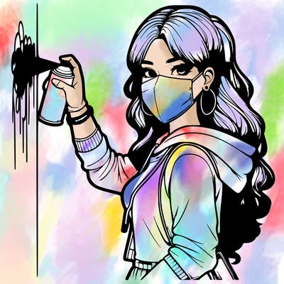 realistic girl with mask spray painting a wall