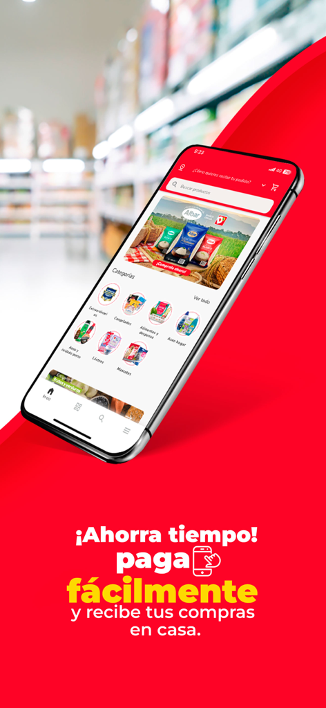 Tiendas D1 App - Tiendas D1 Mobile App-Oberfläche, die Lebensmittelkategorien und eine Werbeaktion für die Lieferung nach Hause zeigt