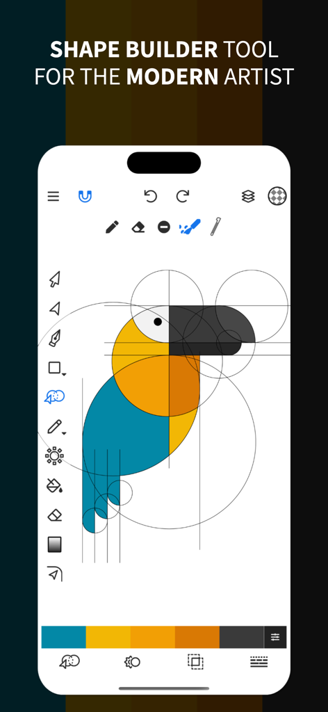 Vector Drawing & Logo Design - Mobile app interface showing a parrot logo design being created using the Shape Builder tool with geometric circles