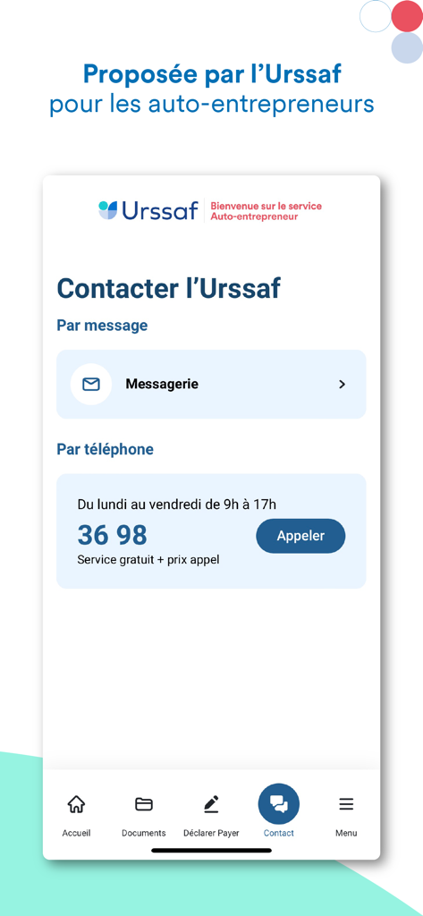 AutoEntrepreneur Urssaf - Écran de contact de l'application mobile Urssaf montrant les options de messagerie et de support téléphonique pour les indépendants.