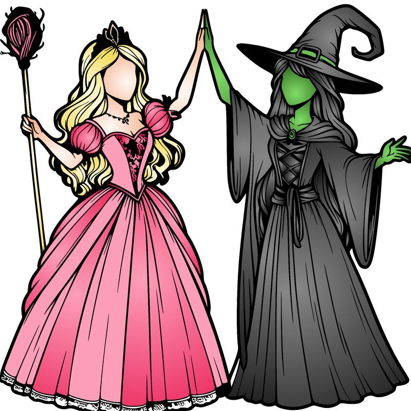 detailed realistic split of a princess and a witch