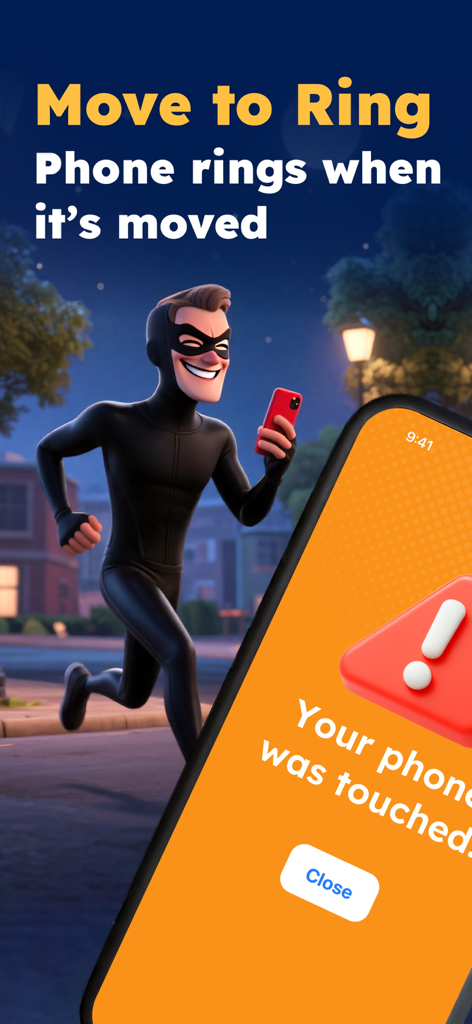 ClapBack: Antilost - Phone screen showing a touch alert notification next to a cartoon thief running