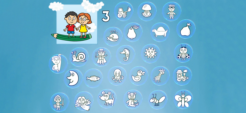 Graphomotor Skills - Bildschirm zur Aktivitätsauswahl mit Cartoon-Tier- und Objektsymbolen, die Kinder zum Nachzeichnen und für Feinmotorikübungen üben können