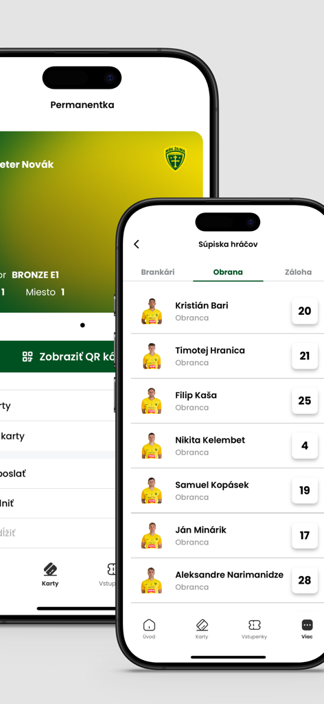 MŠK Žilina - MSK Zilina app interface showing a digital season ticket and the player roster.