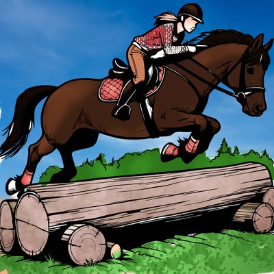 realistic horse jumping over log with rider