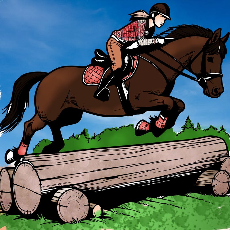 realistic horse jumping over log with rider