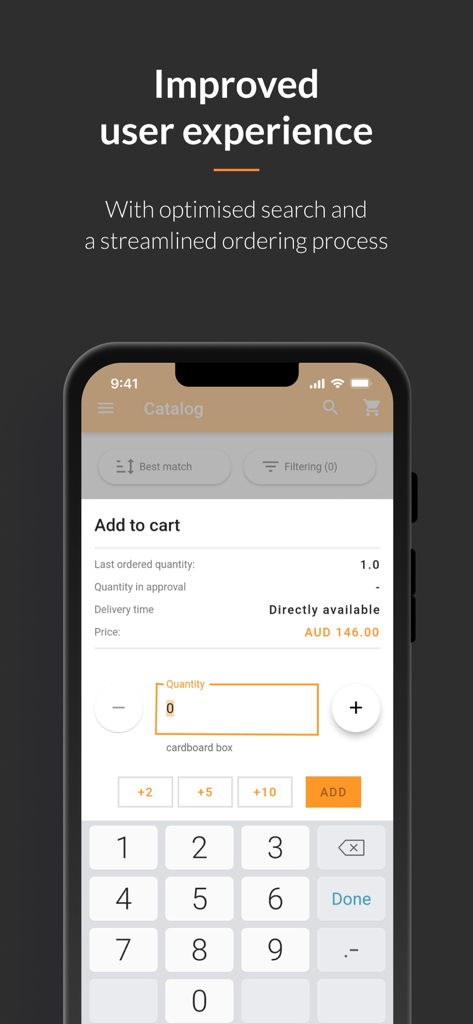 Interface de l'application FutureLog pour les achats dans l'hôtellerie montrant un processus de commande simplifié et un catalogue