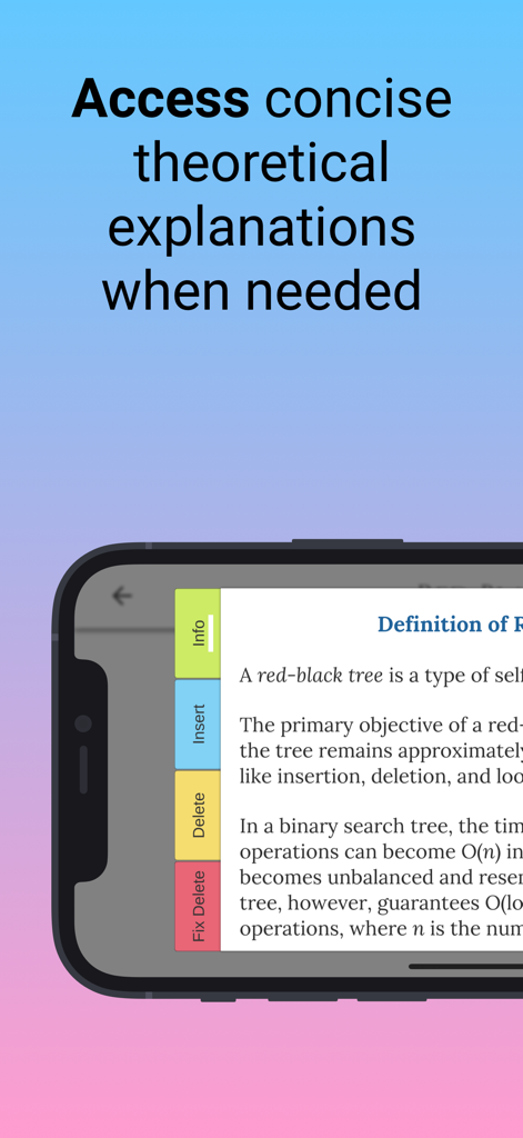 A mobile screen from the VisiGrab app displaying a theoretical definition and explanation of a red-black tree algorithm.