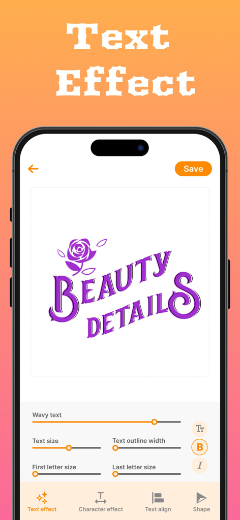 Tattoo font design screen showing wavy text effects and font customization sliders