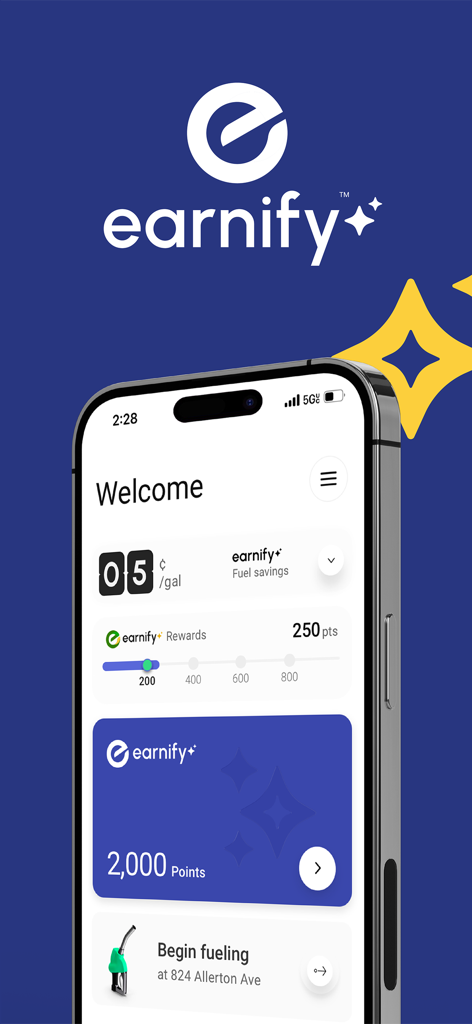 Schermata di benvenuto dell'app fedeltà earnify che mostra risparmi sul carburante e punti premi fedeltà