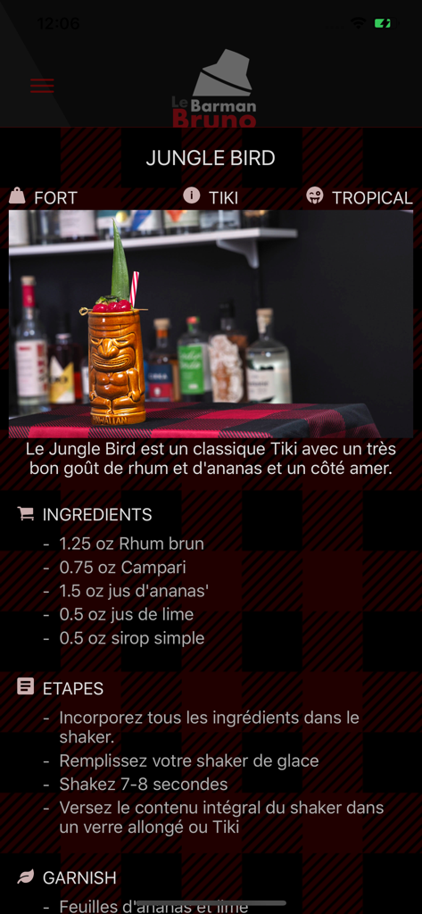Le Barman Bruno - Jungle Bird cocktail recipe interface in the Le Barman Bruno app showing ingredients and preparation steps