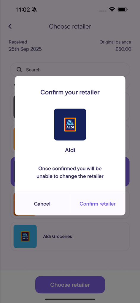 Evouchers.com - バウチャー小売業者としてAldiを選択するためのEvouchersアプリでの確認ポップアップ。