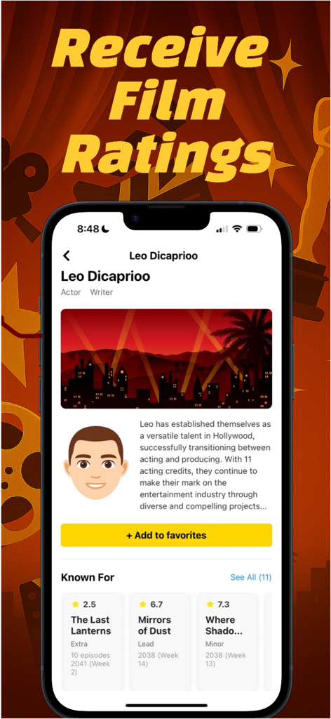 ActorLife-Actor Life Simulator - ActorLife simulator mobile app screen showing a character profile and film ratings.