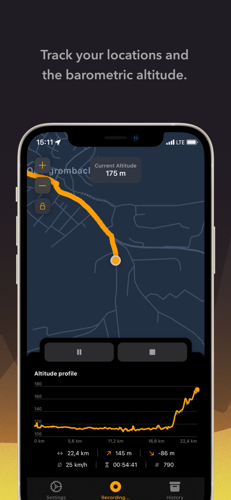 Baloc: Your altitude profile - Baloc app interface on iPhone showing a recorded GPS track on a map and a detailed altitude profile graph.