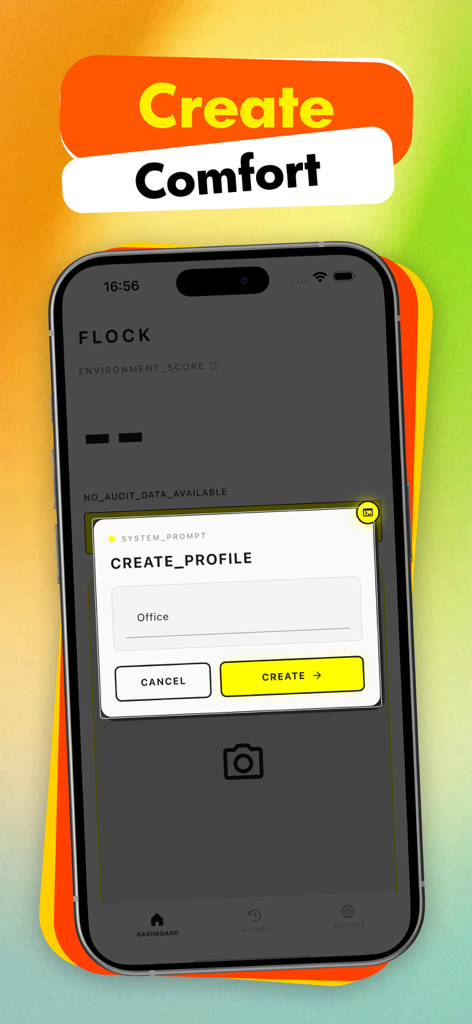 Flock - Foucs Life - Pantalla de la aplicación Flock mostrando una ventana emergente para crear un nuevo perfil de oficina para la auditoría del espacio de trabajo