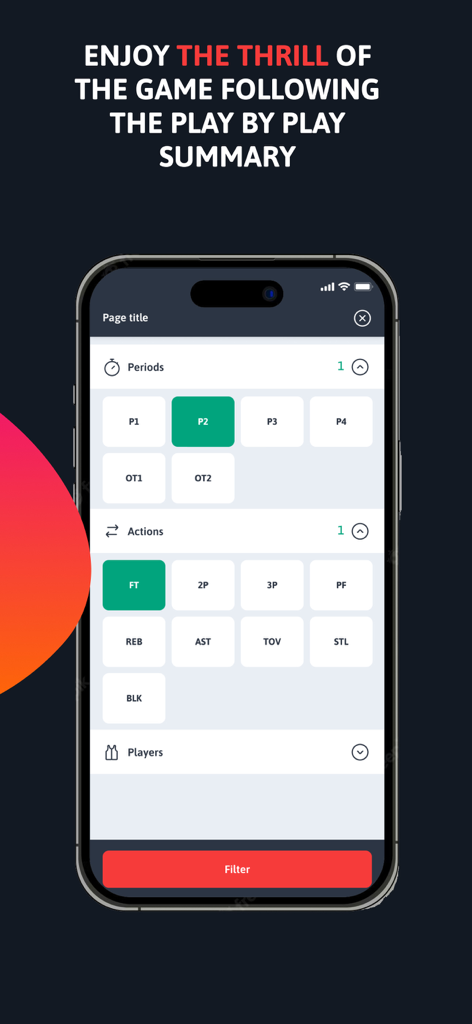Interface of the SWISH by NBN23 app showing basketball play-by-play summary filters for game periods and actions