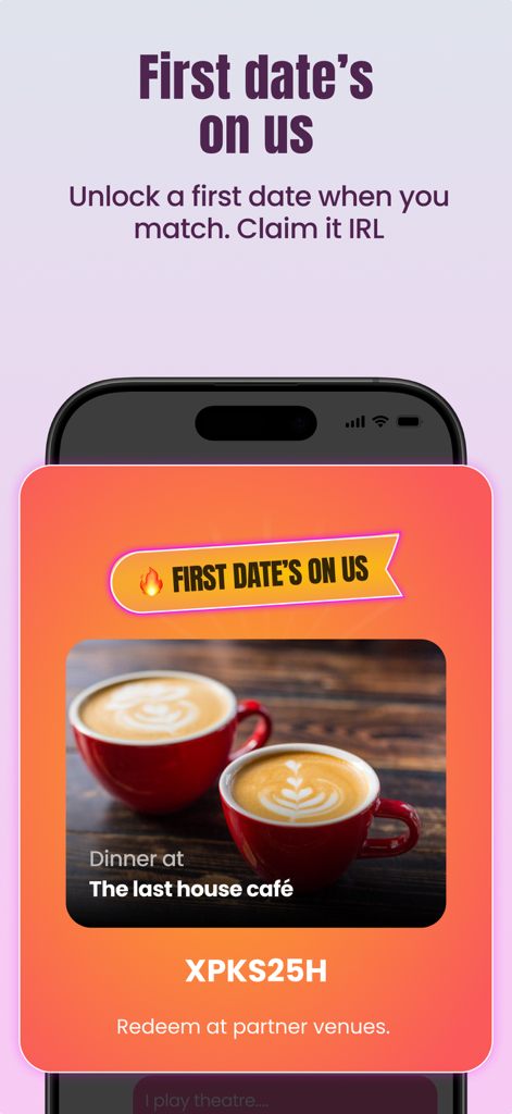 A mobile screen from the Swifey Dating app showing a first date voucher for dinner at a partner cafe