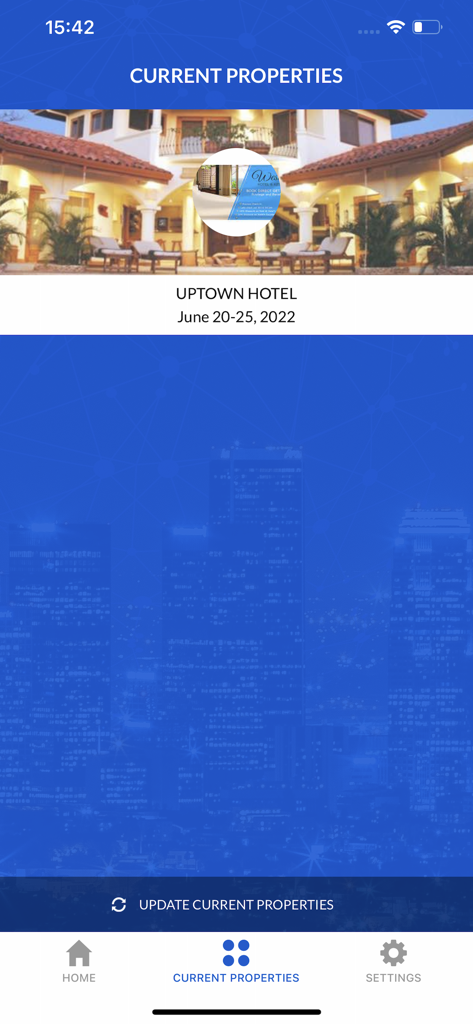 DirectKey™ - DirectKey app interface showing a list of current hotel properties with stay dates