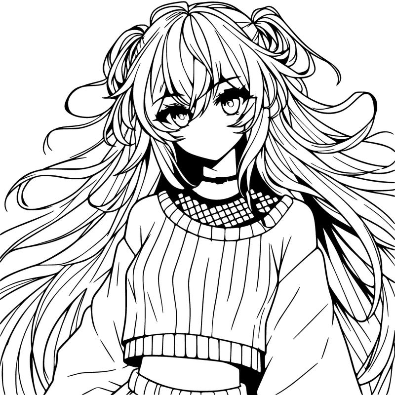 anime girl with long messy hair wearing a long sleeve crop top