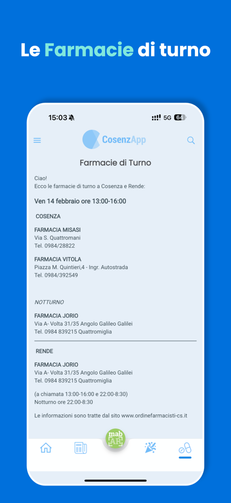 CosenzApp - CosenzApp mobile interface showing a list of pharmacies on duty in Cosenza and Rende