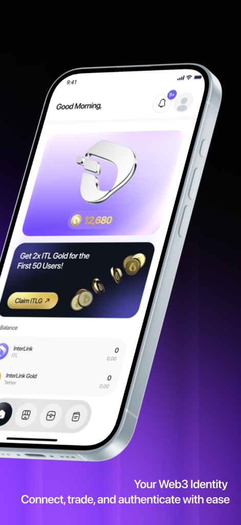 InterLink Network mobile app interface showing user balance and ITL Gold rewards claim button