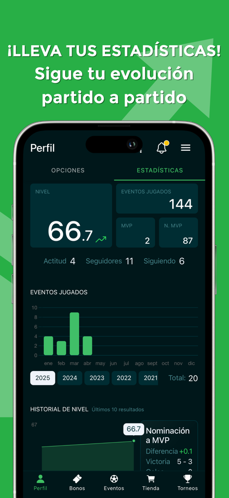 Interface de l'application IF7SPORTS montrant les statistiques de performance des joueurs de soccer amateurs et l'historique des matchs
