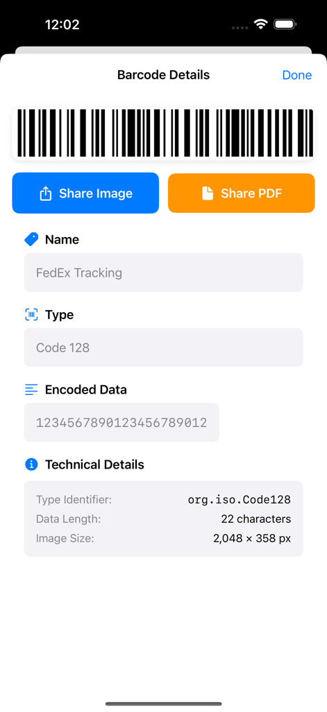 Barcodes Generator Unlimited - Barcode detail view showing options to share as an image or PDF with technical specifications