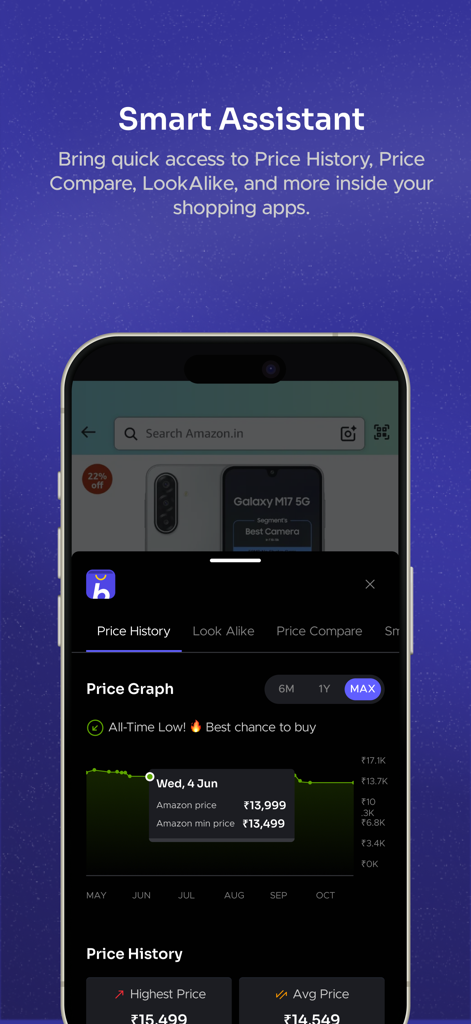Buyhatke:AI Shopping assistant - Buyhatke KI-Shopping-Assistent, der das Preisverlaufsdiagramm eines Produkts anzeigt