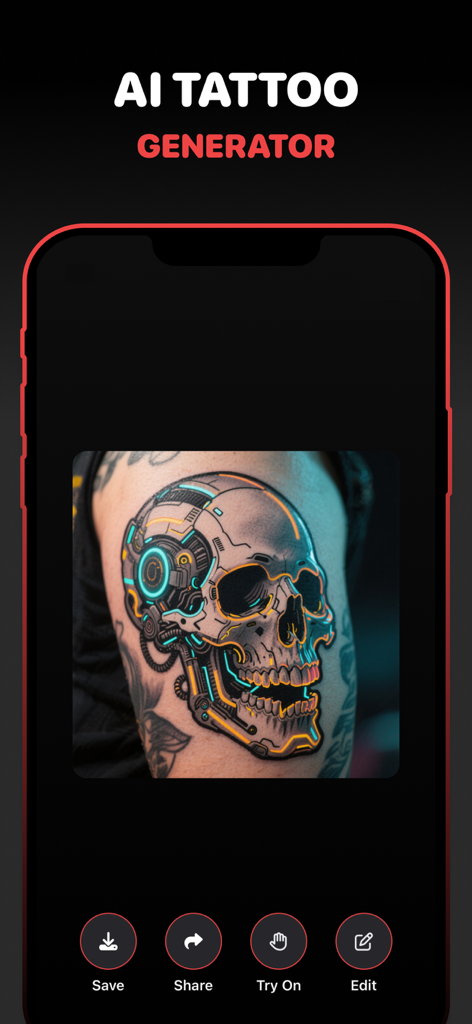 Tattoo Design & Ideas: Tattrix - Interfaz de la aplicación móvil Tattrix que muestra un diseño de tatuaje de calavera robótica generado por IA en el hombro de una persona