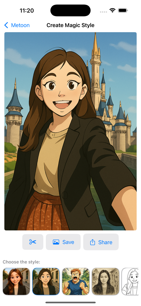 Metoon: Cartoon Photo Editor - Interfaz de la aplicación Metoon que muestra un filtro de foto estilo anime de una mujer frente a un castillo