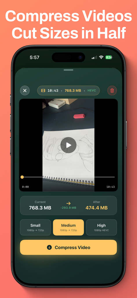Tidy Cam - Swipe Delete Photos - Tidy Cam app interface showing video compression tools to reduce file size and save phone storage