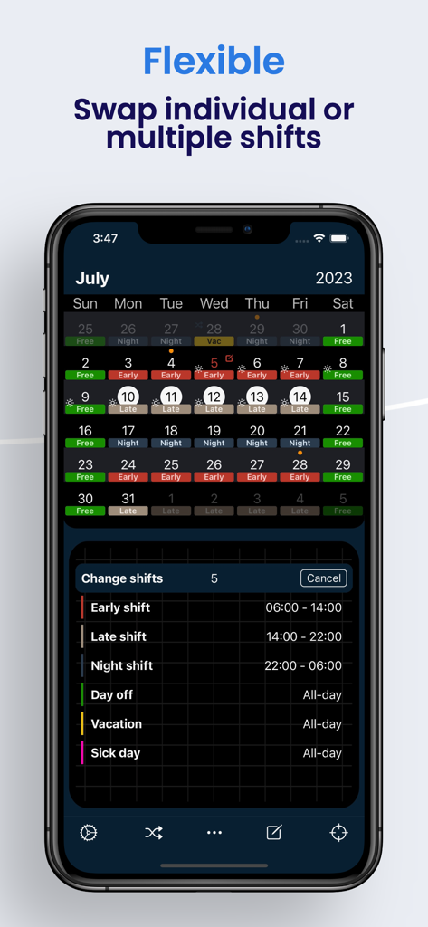 Schichter - Shift calendar - Una pantalla de aplicación móvil que muestra un calendario de turnos mensual codificado por colores con un menú para intercambiar y cambiar turnos de trabajo.