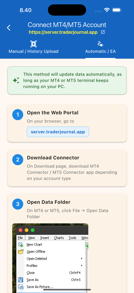 Schritt-für-Schritt-Anleitung zum Verbinden von MT4- und MT5-Konten mit der Trader Journal App zur automatischen Trade-Synchronisierung