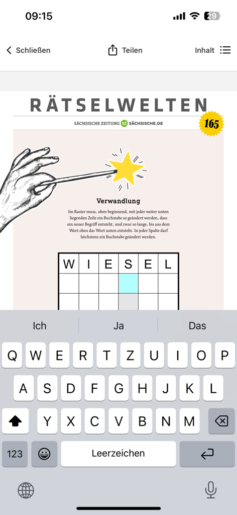 Digitale Worträtsel-Oberfläche in der SZ E-Paper Nachrichten-App