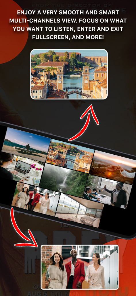Aplicación IPTVX mostrando la función de vista de múltiples canales en la pantalla de un smartphone