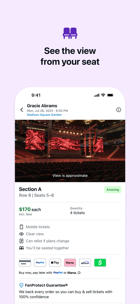 StubHub: Event Tickets - StubHubモバイルアプリの画面に、マディソン・スクエア・ガーデンでのコンサートの特定の席からのステージビューの仮想プレビューが表示されています