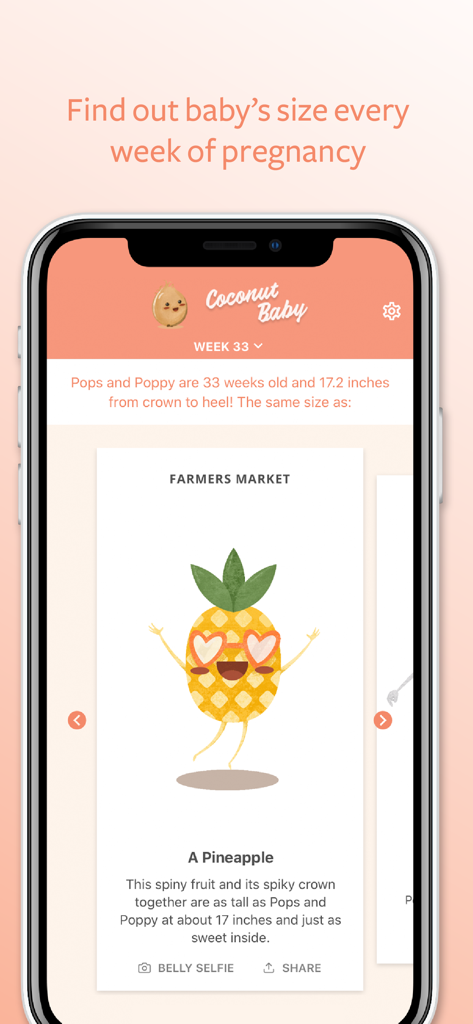 Interfaz de la aplicación Coconut Baby mostrando una comparación de tamaño de la semana 33 con una piña de dibujos animados