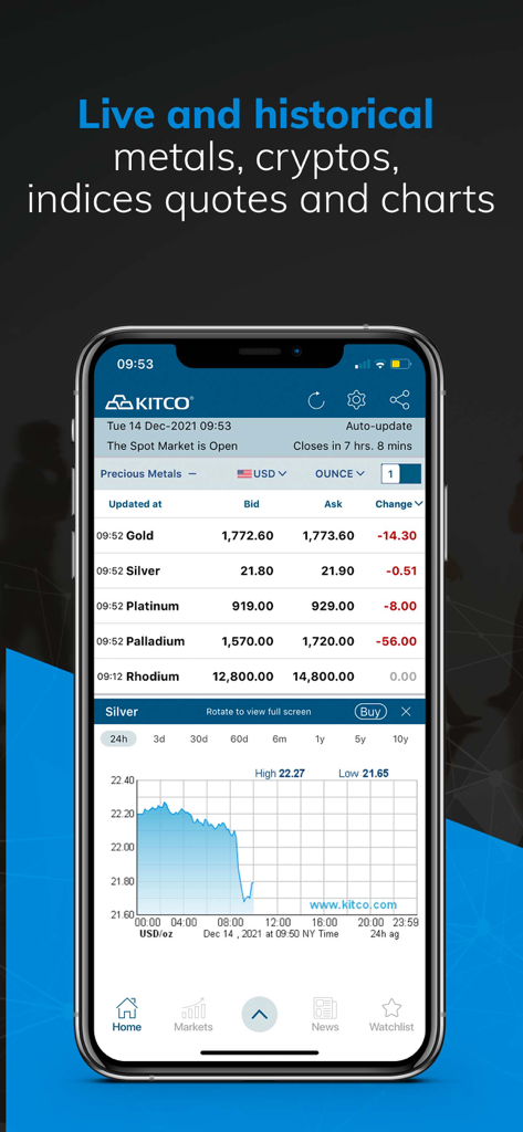 Kitco Gold Live app interface displaying real time precious metals quotes and a silver price chart