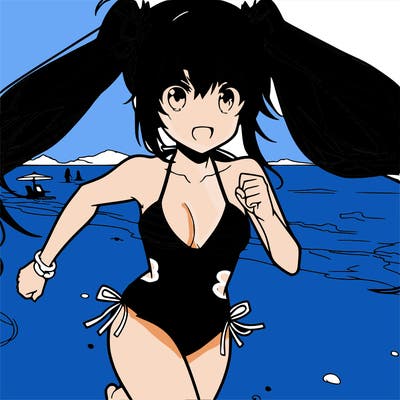 a anime girl in a bikini running on the beach
