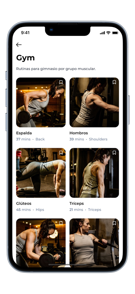 Interfaz de la aplicación wOS by Andie que muestra diferentes categorías de entrenamiento de gimnasio con imágenes de una entrenadora.