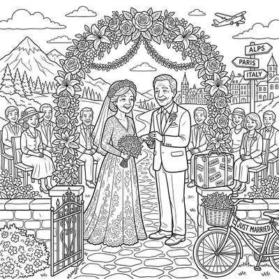 Embark on a joyful journey of love and adventure with this enchanting coloring page. Featuring a senior couple celebrating their wedding amidst picturesque travel destinations, it's a perfect blend of romance and exploration.